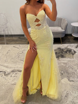 Sheath Sweetheart Appliques Lace Sweep Train Tulle Prom Dress