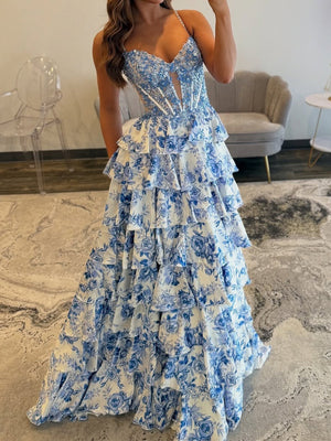 A-line Spaghetti Straps Cascading Ruffles Floor-Length Corset Prom Dress