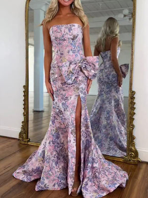 Sheath Straight Bow Sweep Train Corset Prom Dress