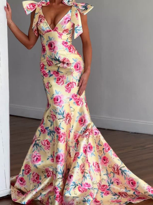 Sheath V-neck Bow Sweep Train Prom Dress