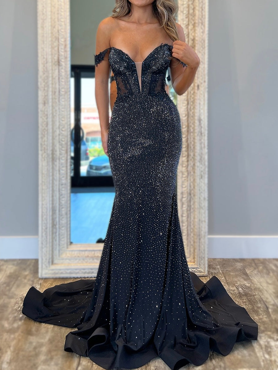 Sheath Off-the-Shoulder Sweep Train Silk Like Satin Prom Dress