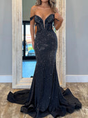 Sheath Off-the-Shoulder Sweep Train Silk Like Satin Prom Dress