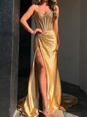Sheath Sweetheart Pleated Court Train Silk Like Satin Corset Prom Dress