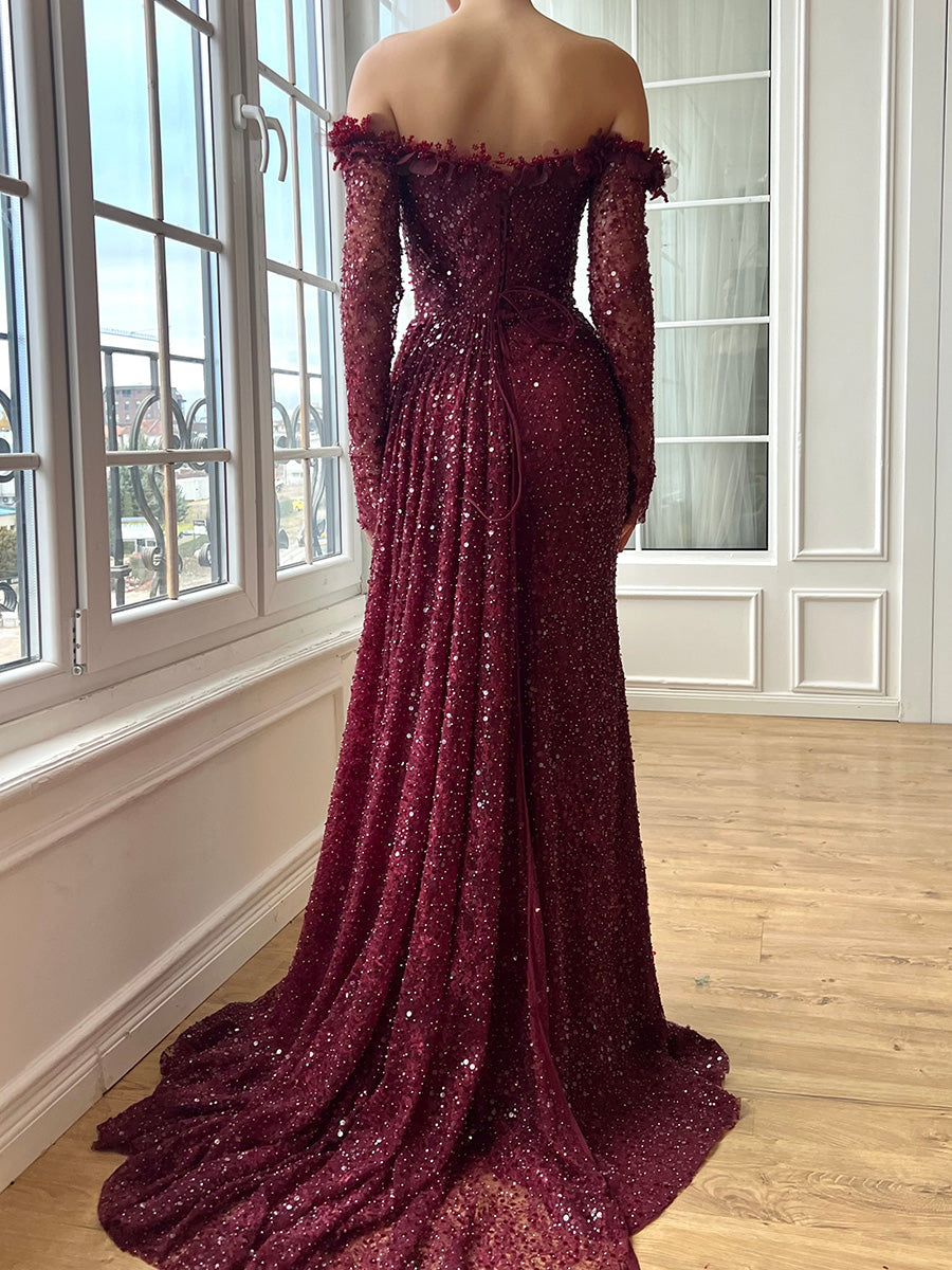 Sheath Off-the-Shoulder Long Sleeves Pleated Sweep Train Prom Dress