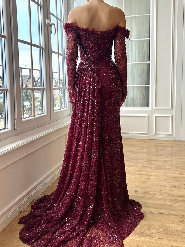 Sheath Off-the-Shoulder Long Sleeves Pleated Sweep Train Prom Dress