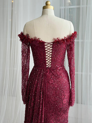 Sheath Off-the-Shoulder Long Sleeves Pleated Sweep Train Prom Dress