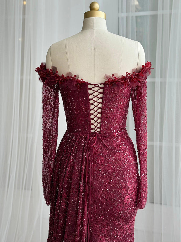 Sheath Off-the-Shoulder Long Sleeves Pleated Sweep Train Prom Dress