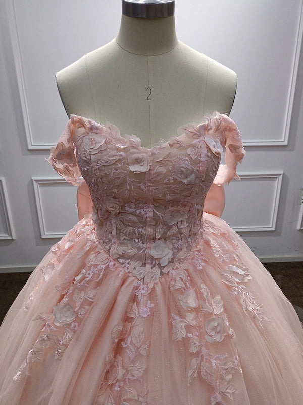 Ball-Gown Off-the-Shoulder Short Sleeves Appliques Lace Sweep Train Tulle Corset Prom Dress