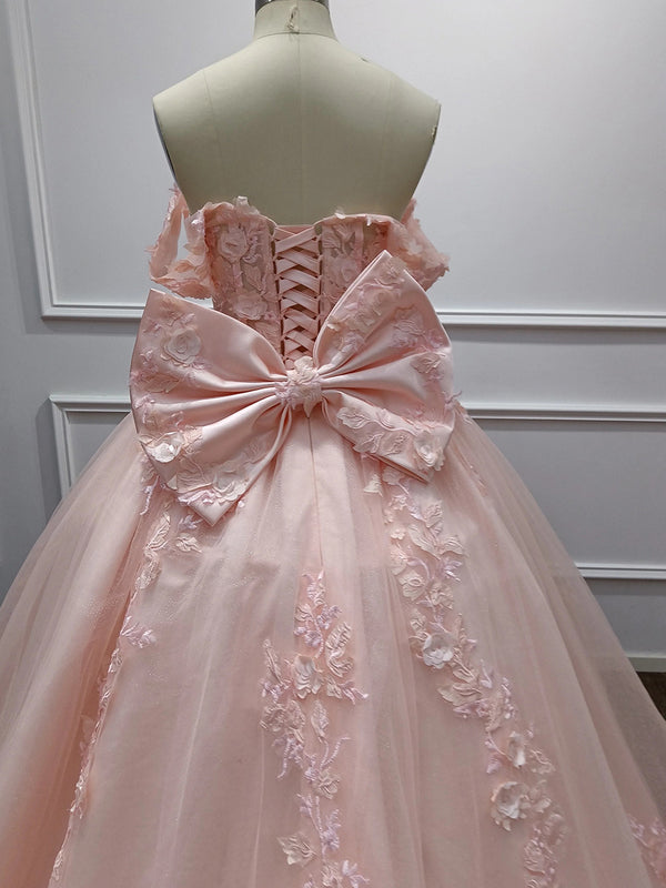 Ball-Gown Off-the-Shoulder Short Sleeves Appliques Lace Sweep Train Tulle Corset Prom Dress