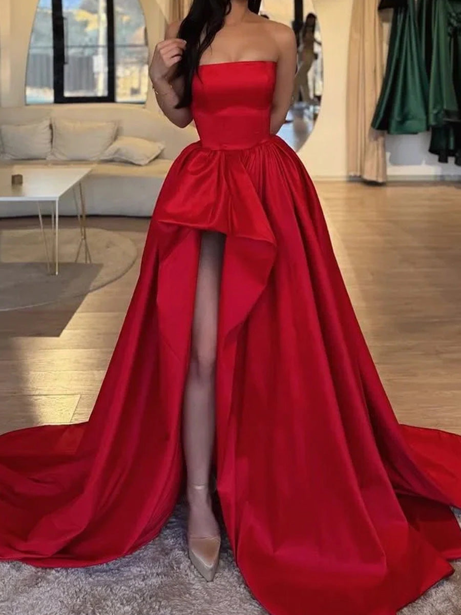 A-line Straight Ruffles Court Train Satin Corset Prom Dress