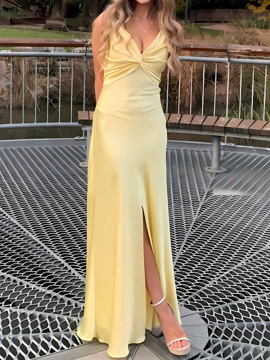 Sheath V-neck Pleated Floor-Length Silk Like Satin Prom Dress