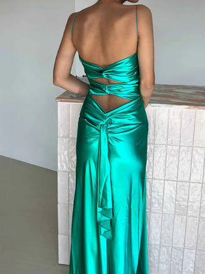 Sheath V-neck Pleated Floor-Length Silk Like Satin Prom Dress