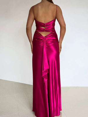 Sheath V-neck Pleated Floor-Length Silk Like Satin Prom Dress