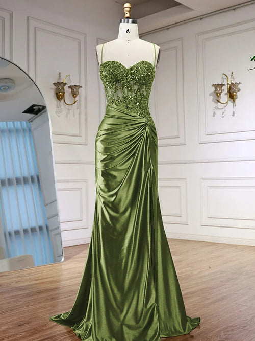 Sheath Spaghetti Straps Appliques Lace Sweep Train Silk Like Satin Corset Prom Dress