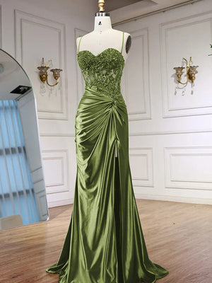 Sheath Spaghetti Straps Appliques Lace Sweep Train Silk Like Satin Corset Prom Dress