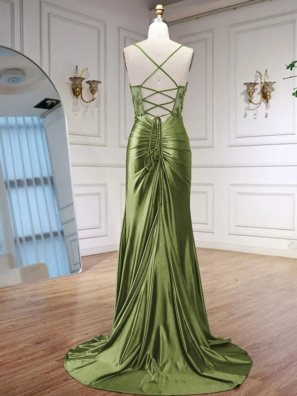 Sheath Spaghetti Straps Appliques Lace Sweep Train Silk Like Satin Corset Prom Dress