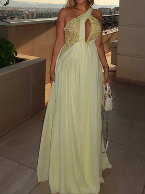 A-line One-Shoulder Appliques Lace Floor-Length Chiffon Prom Dress