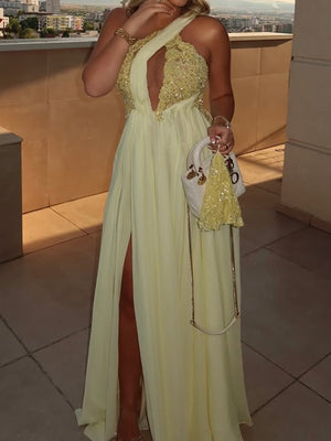 A-line One-Shoulder Appliques Lace Floor-Length Chiffon Prom Dress