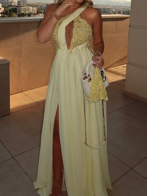 A-line One-Shoulder Appliques Lace Floor-Length Chiffon Prom Dress