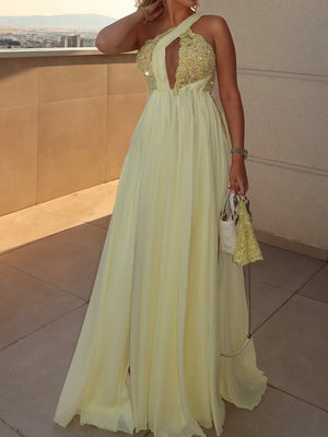 A-line One-Shoulder Appliques Lace Floor-Length Chiffon Prom Dress
