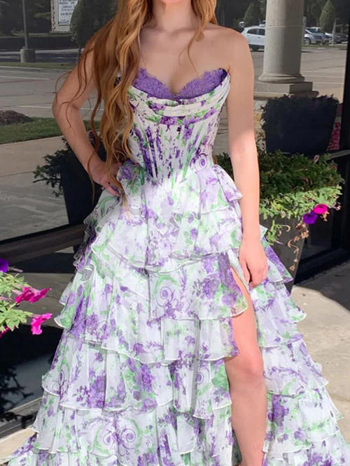 A-line Sweetheart Cascading Ruffles Sweep Train Corset Prom Dress