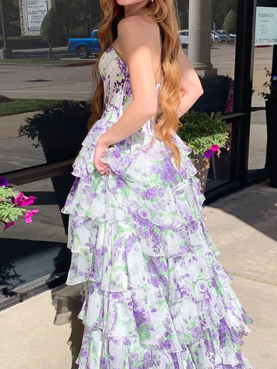 A-line Sweetheart Cascading Ruffles Sweep Train Corset Prom Dress