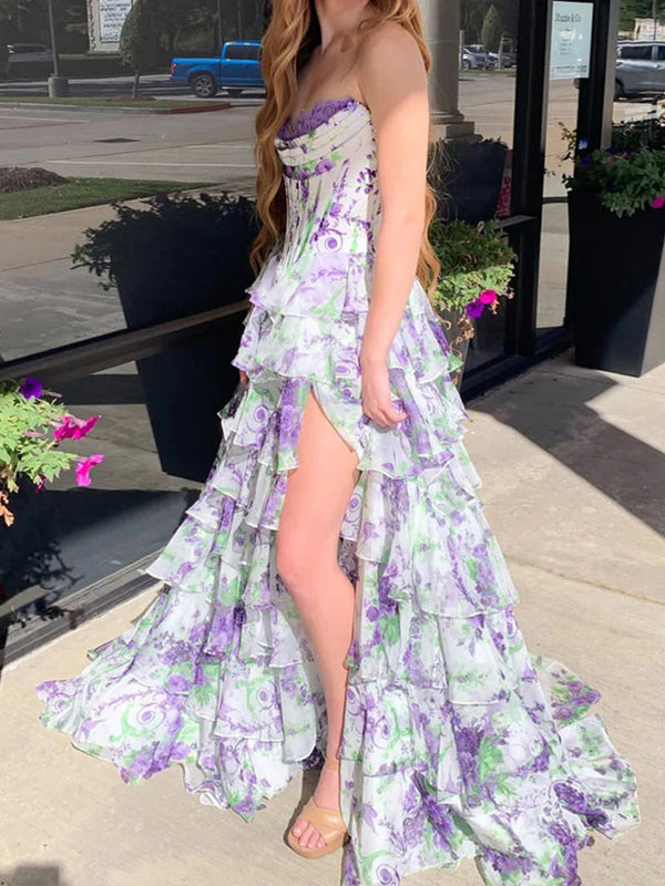 A-line Sweetheart Cascading Ruffles Sweep Train Corset Prom Dress