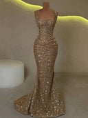 Sheath Straps Pleated Sweep Train Corset Prom Dress