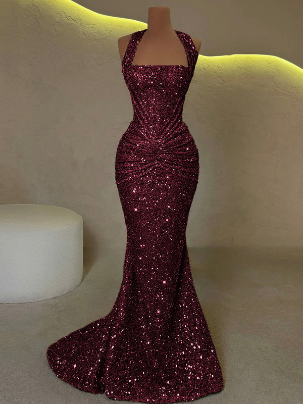 Sheath Straps Pleated Sweep Train Corset Prom Dress