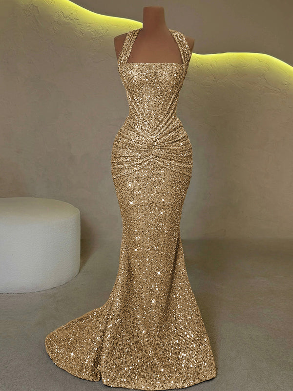 Sheath Straps Pleated Sweep Train Corset Prom Dress