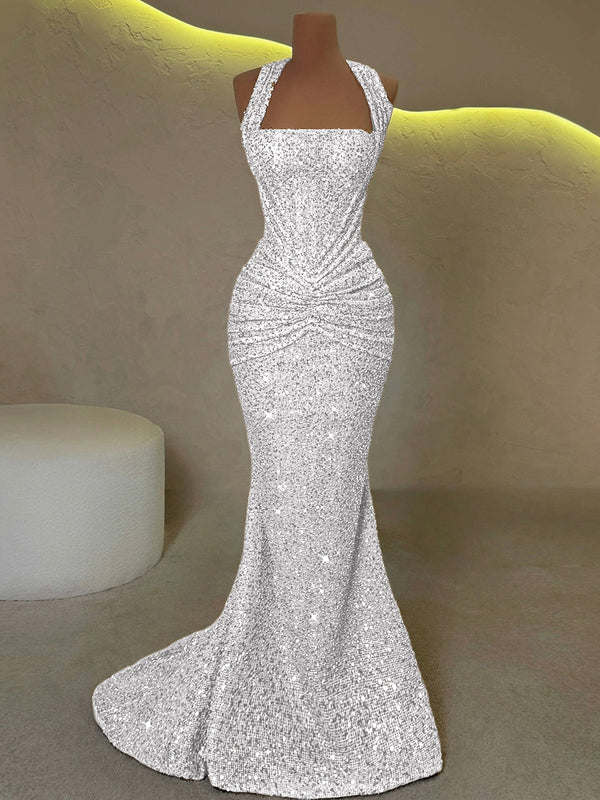 Sheath Straps Pleated Sweep Train Corset Prom Dress
