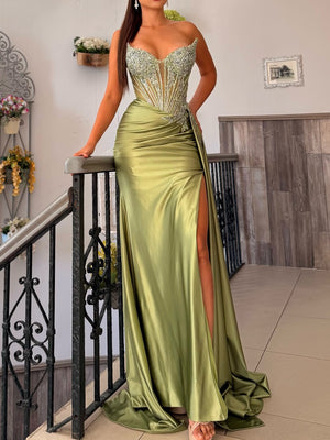 Sheath Sweetheart Appliques Lace Court Train Silk Like Satin Corset Prom Dress