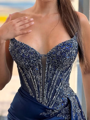 Sheath Sweetheart Appliques Lace Court Train Silk Like Satin Corset Prom Dress