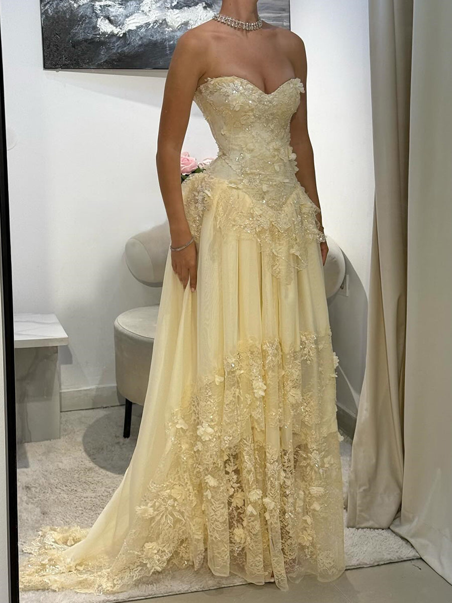 A-line Sweetheart Appliques Lace Sweep Train Chiffon Corset Prom Dress
