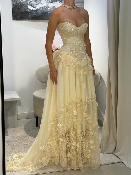 A-line Sweetheart Appliques Lace Sweep Train Chiffon Corset Prom Dress