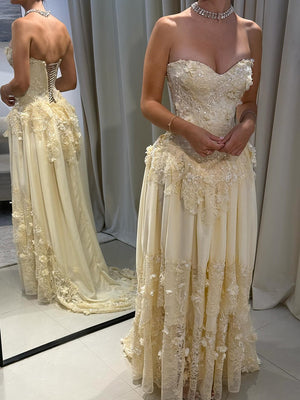 A-line Sweetheart Appliques Lace Sweep Train Chiffon Corset Prom Dress