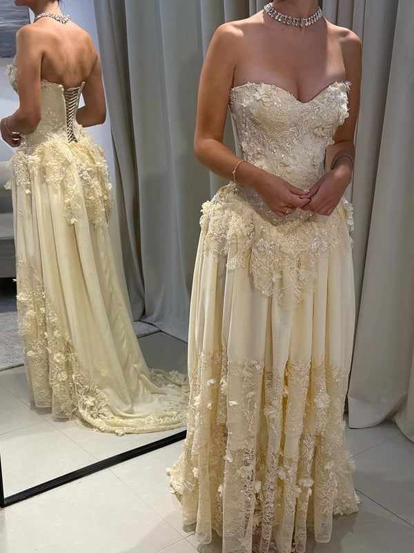 A-line Sweetheart Appliques Lace Sweep Train Chiffon Corset Prom Dress