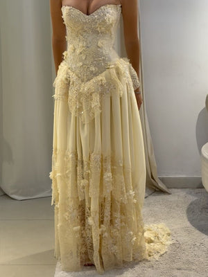 A-line Sweetheart Appliques Lace Sweep Train Chiffon Corset Prom Dress