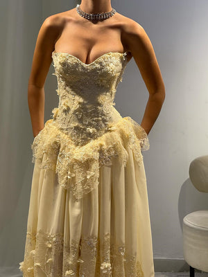 A-line Sweetheart Appliques Lace Sweep Train Chiffon Corset Prom Dress