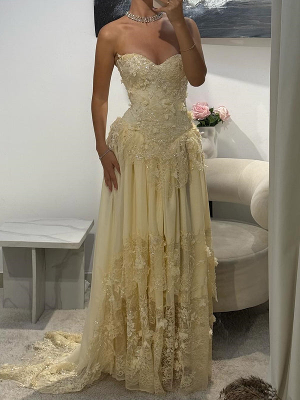 A-line Sweetheart Appliques Lace Sweep Train Chiffon Corset Prom Dress