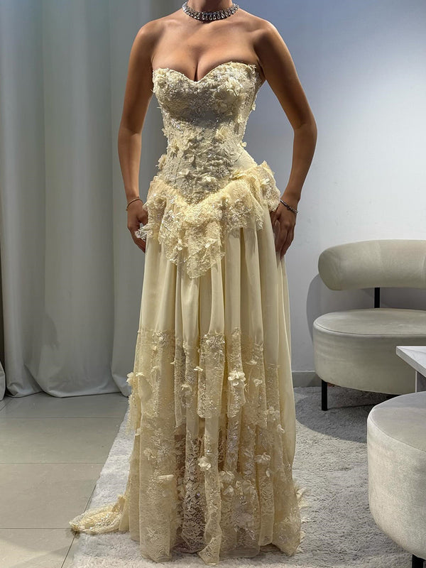 A-line Sweetheart Appliques Lace Sweep Train Chiffon Corset Prom Dress