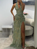 Sheath Halter Appliques Lace Floor-Length Lace Prom Dress