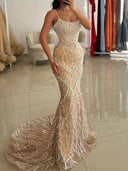 Sheath Spaghetti Straps Beading Sweep Train Prom Dress