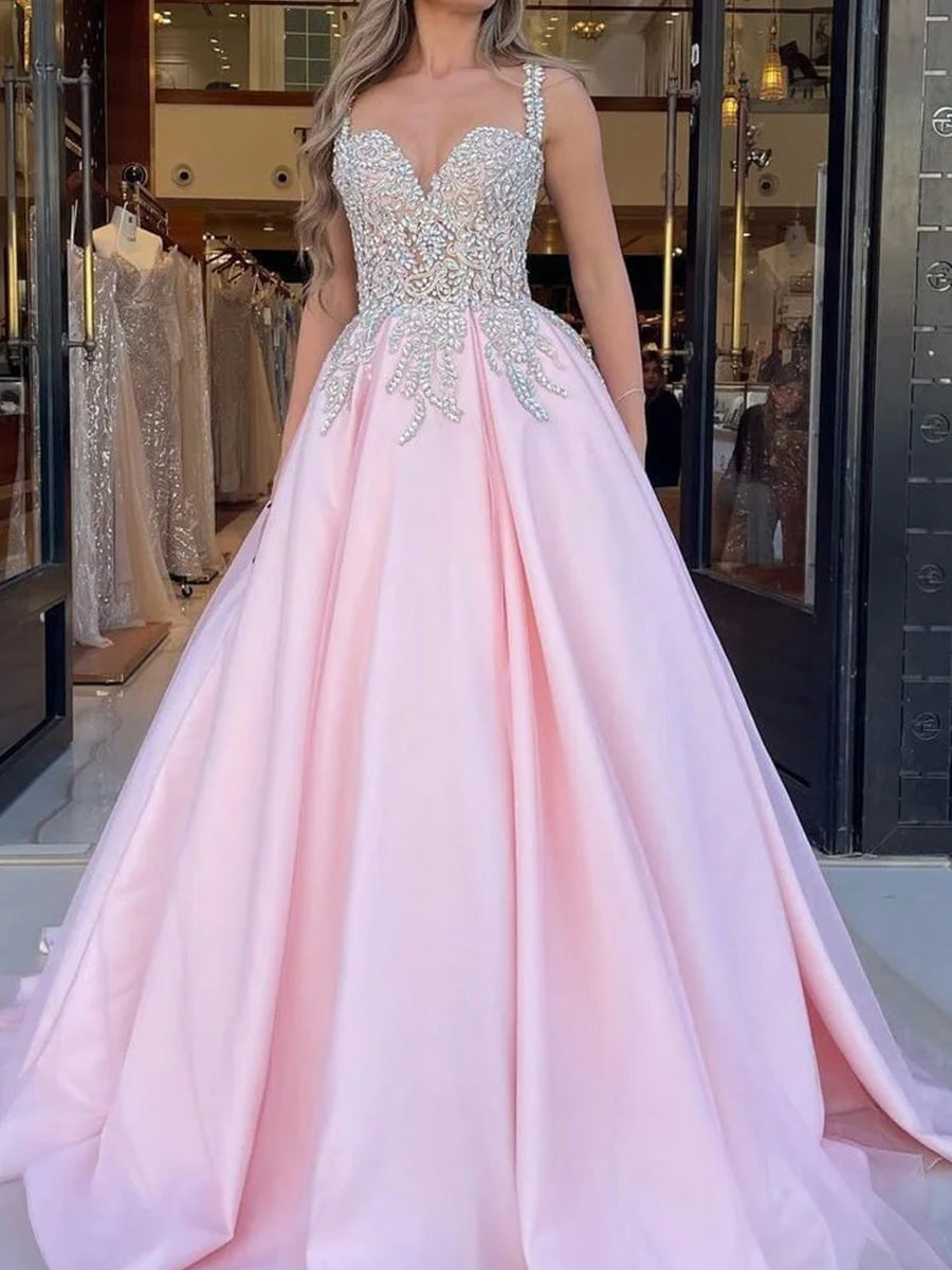 A-line Sweetheart Ruffles Sweep Train Organza Prom Dress