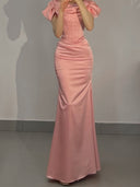 Sheath Square Pleated Sweep Train Silk like Satin Corset Prom Dress