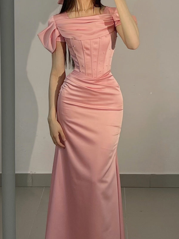 Sheath Square Pleated Sweep Train Silk like Satin Corset Prom Dress