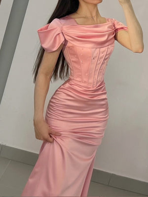 Sheath Square Pleated Sweep Train Silk like Satin Corset Prom Dress