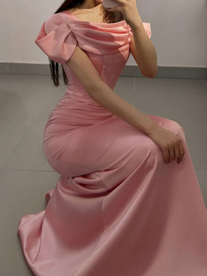 Sheath Square Pleated Sweep Train Silk like Satin Corset Prom Dress