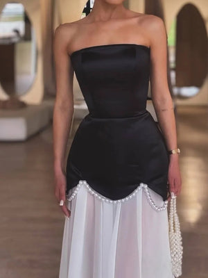 A-line Straight Ruffles Sweep Train Satin Corset Prom Dress