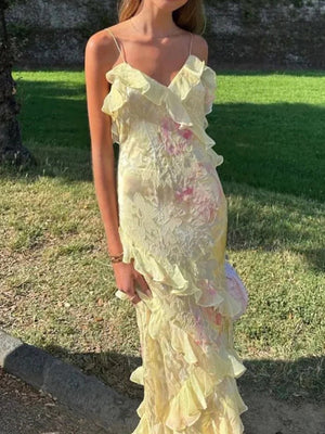 Sheath Spaghetti Straps Ruffles Sweep Train Prom Dress